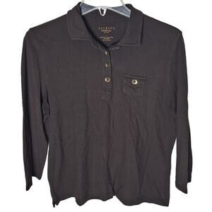 Talbots Women Large Brown Collared 1/4 Button Front Y2K Long Sleeve Top